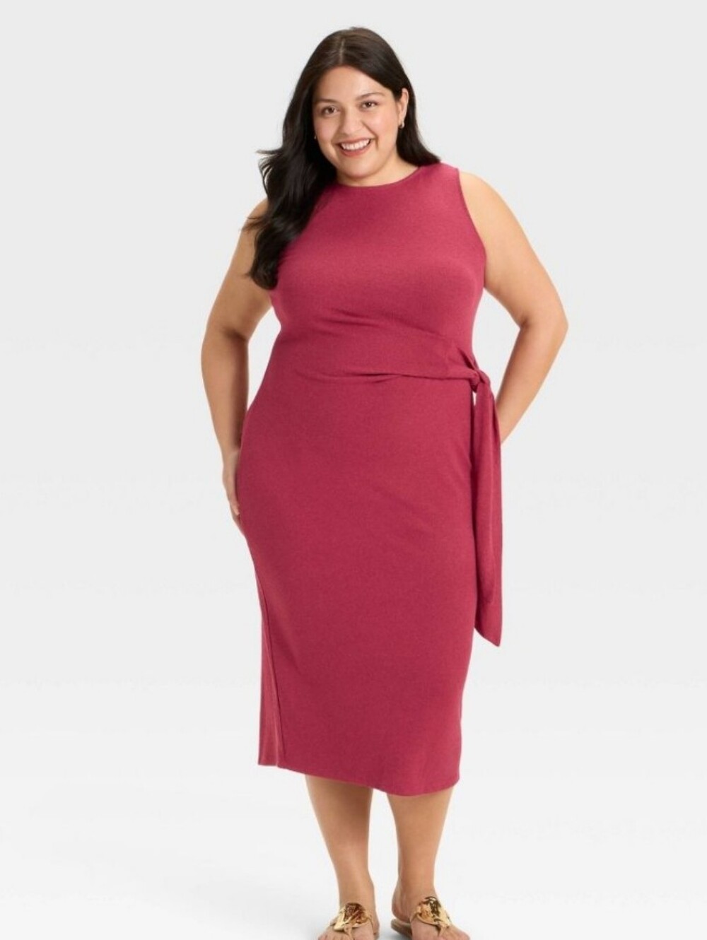Ava & Viv Sleeveless Terry Tie-Waist Midi Dress in Raspberry Size XXL